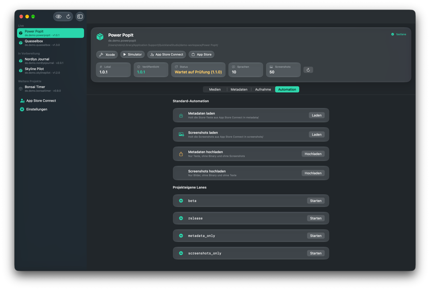 Automation-Tab: Metadaten und Screenshots laden und hochladen, plus projekteigene Lanes