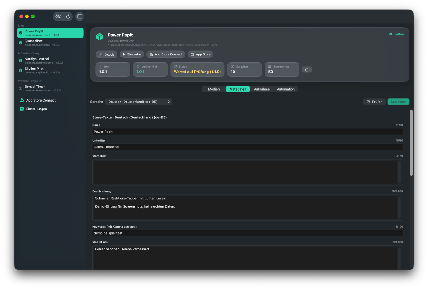 Metadaten-Editor je Sprache mit App-Store-Zeichenlimits