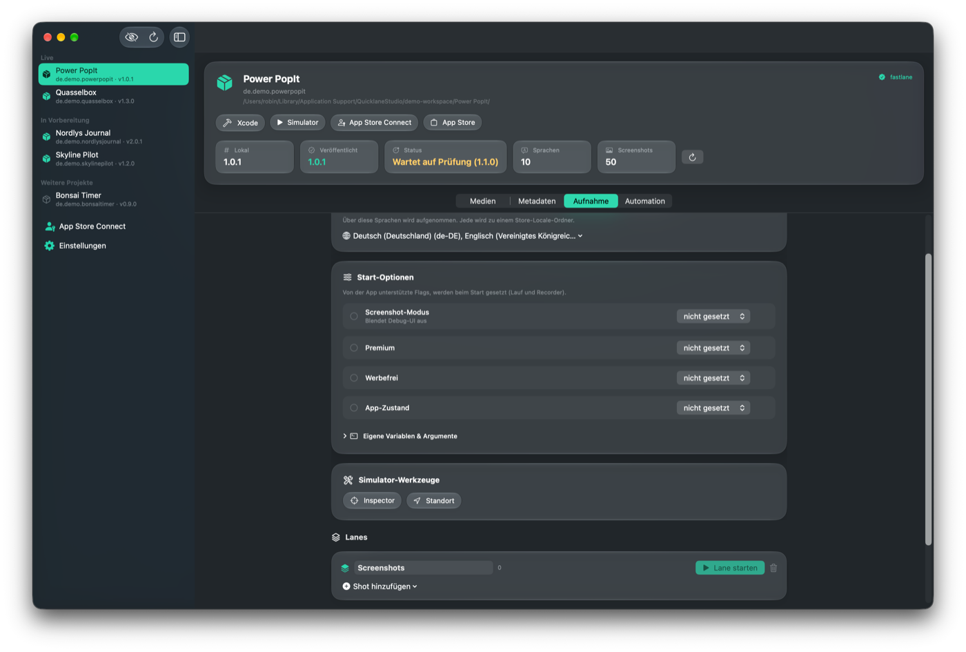 Aufnahme-Tab mit Start-Optionen, Flags und Lanes